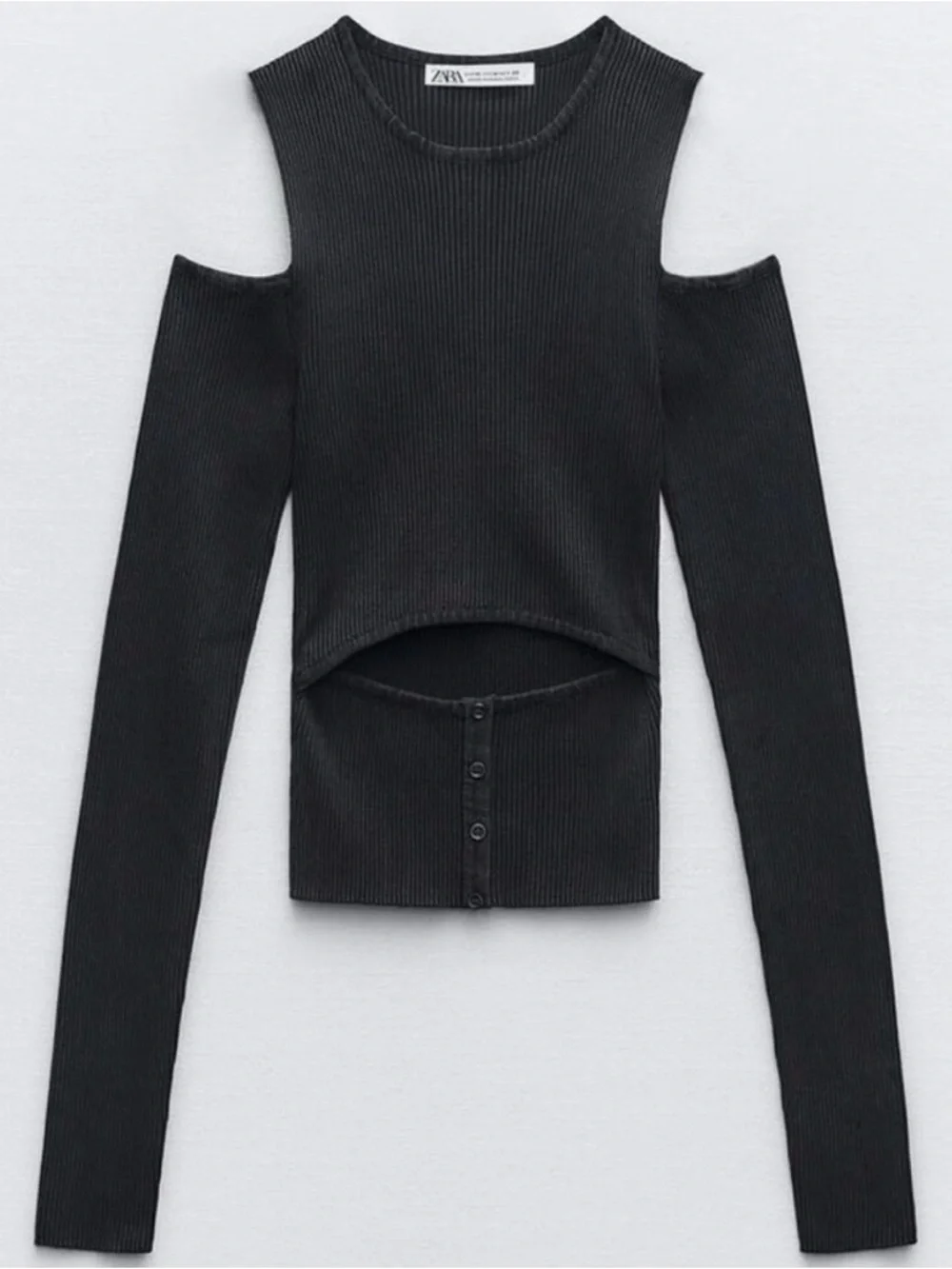 Zara Black Acid Wash Ribbed Cold-Shoulder Cutout Sweater - Picture 2 of 11